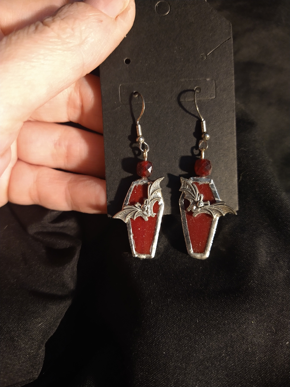 Red Stained Glass Coffin & Bat Dangle Earrings - Genuine Garnets